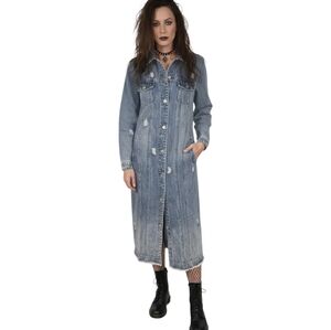 Vintage Tribal Jeans Long Blue Distressed Denim Duster Grunge Trench Coat Small